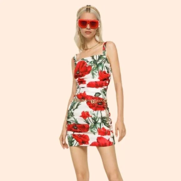 Dolce & Gabbana Poppy Charmeuse Mini Dress - Picture 1 of 9